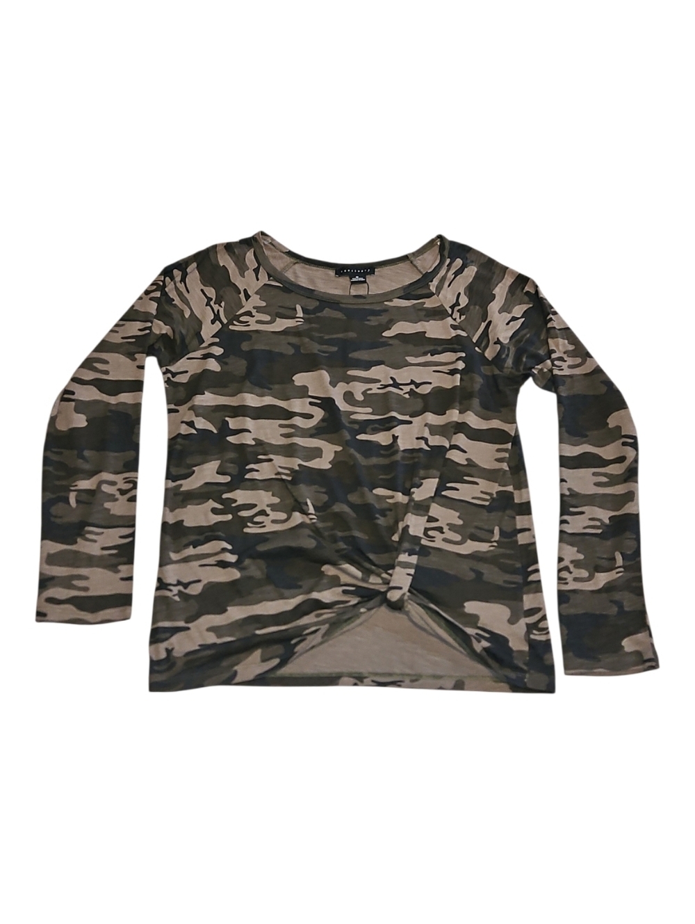 Sanctuary Twisted Hem Top Camo Print Asymmetrical Front Womens M NWT